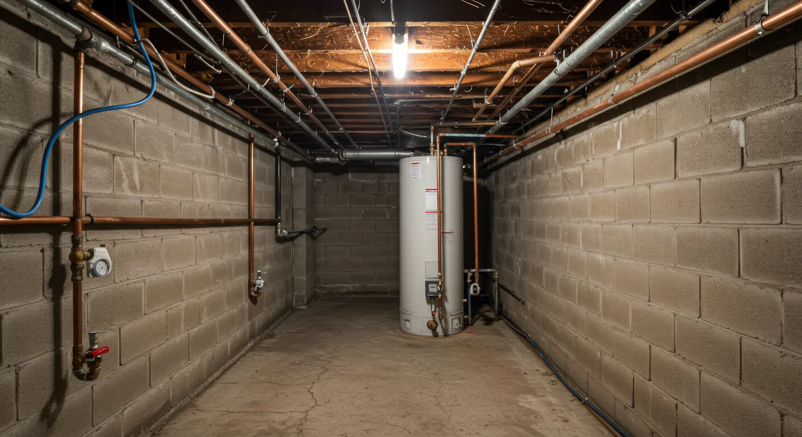 Water heater installed in a basement utility room